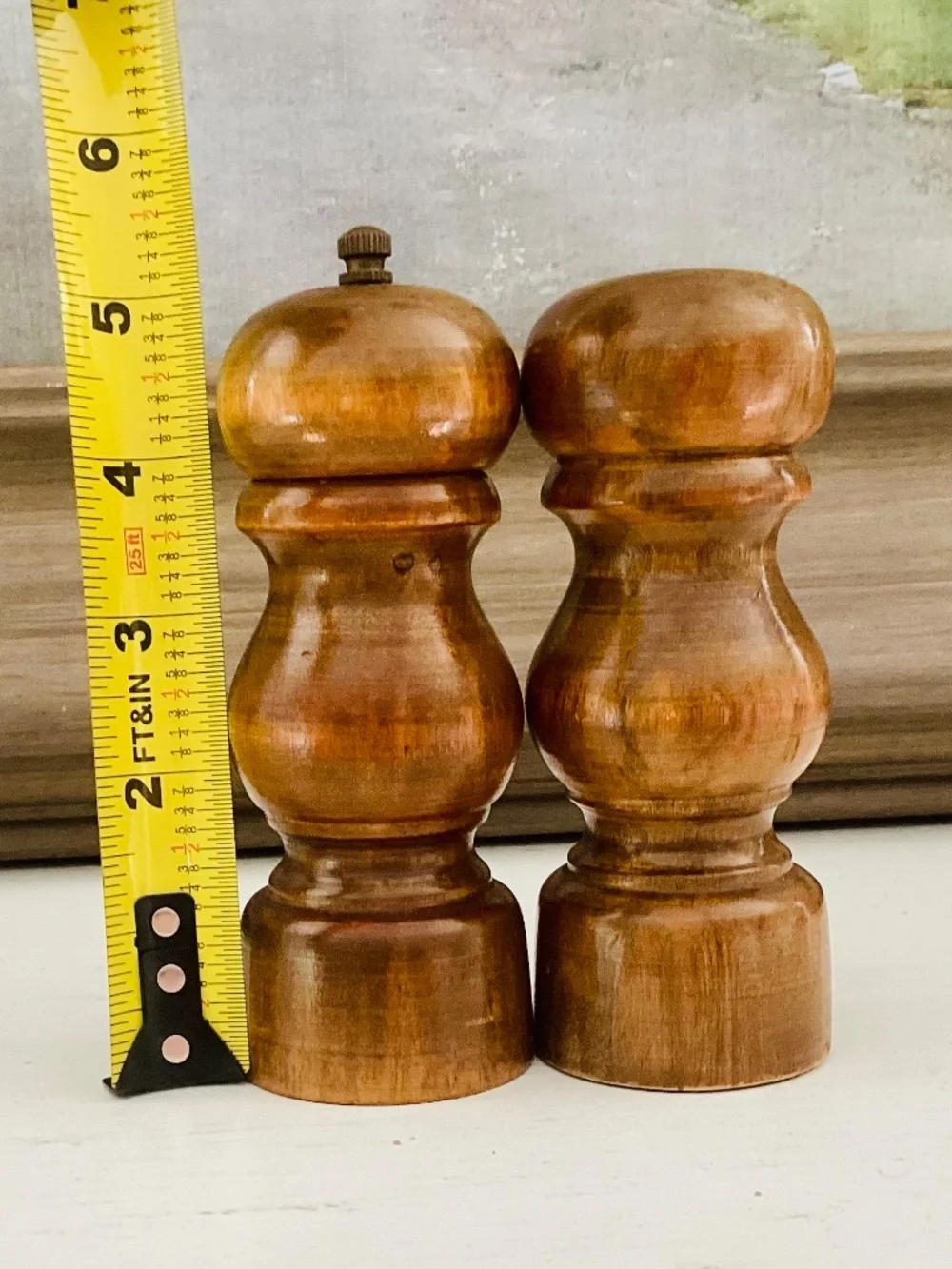 Vintage Turned Wood Salt Shaker & Pepper Mill MCM Rustic Cottagecore 5” Tall
